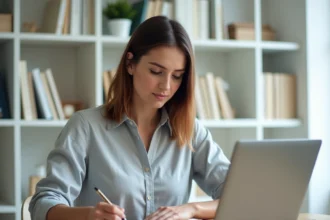 Femme débutante suivant une formation en ligne sur son ordinateur portable dans un bureau à domicile organisé