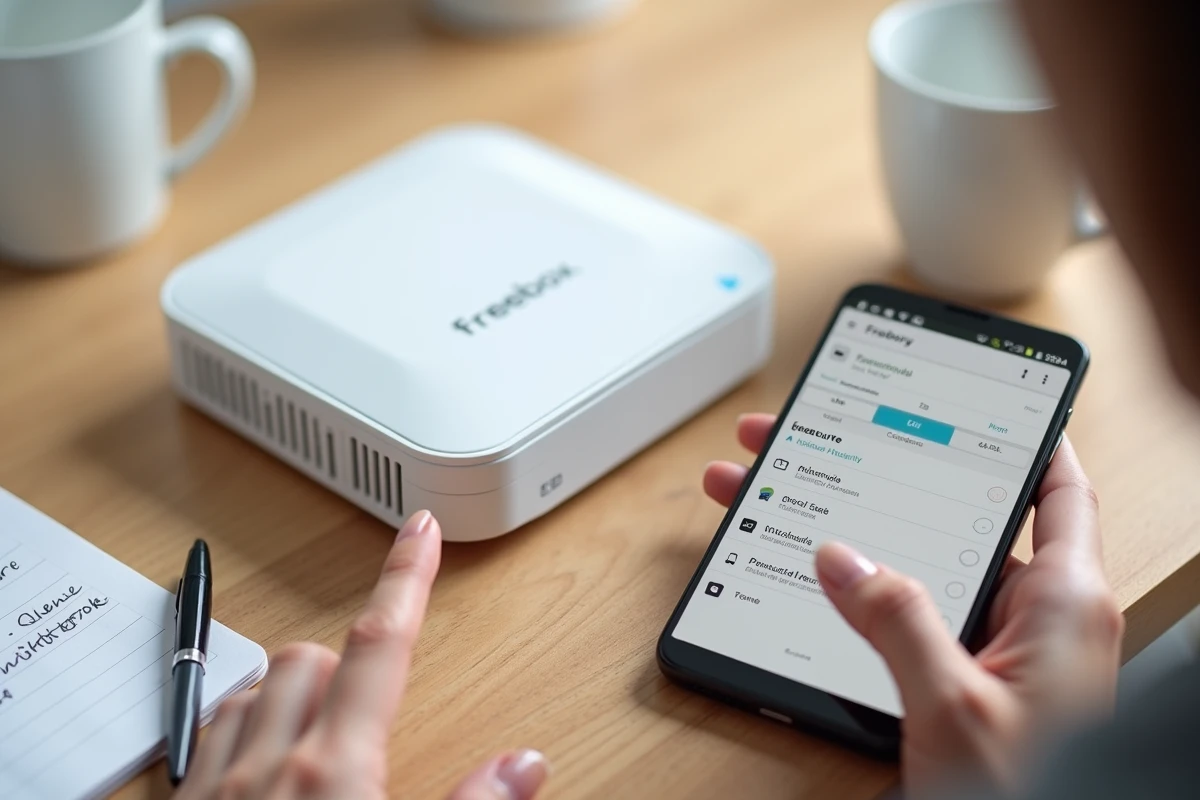 Gros plan sur une Freebox et un smartphone affichant l'interface de configuration des paramètres de sécurité