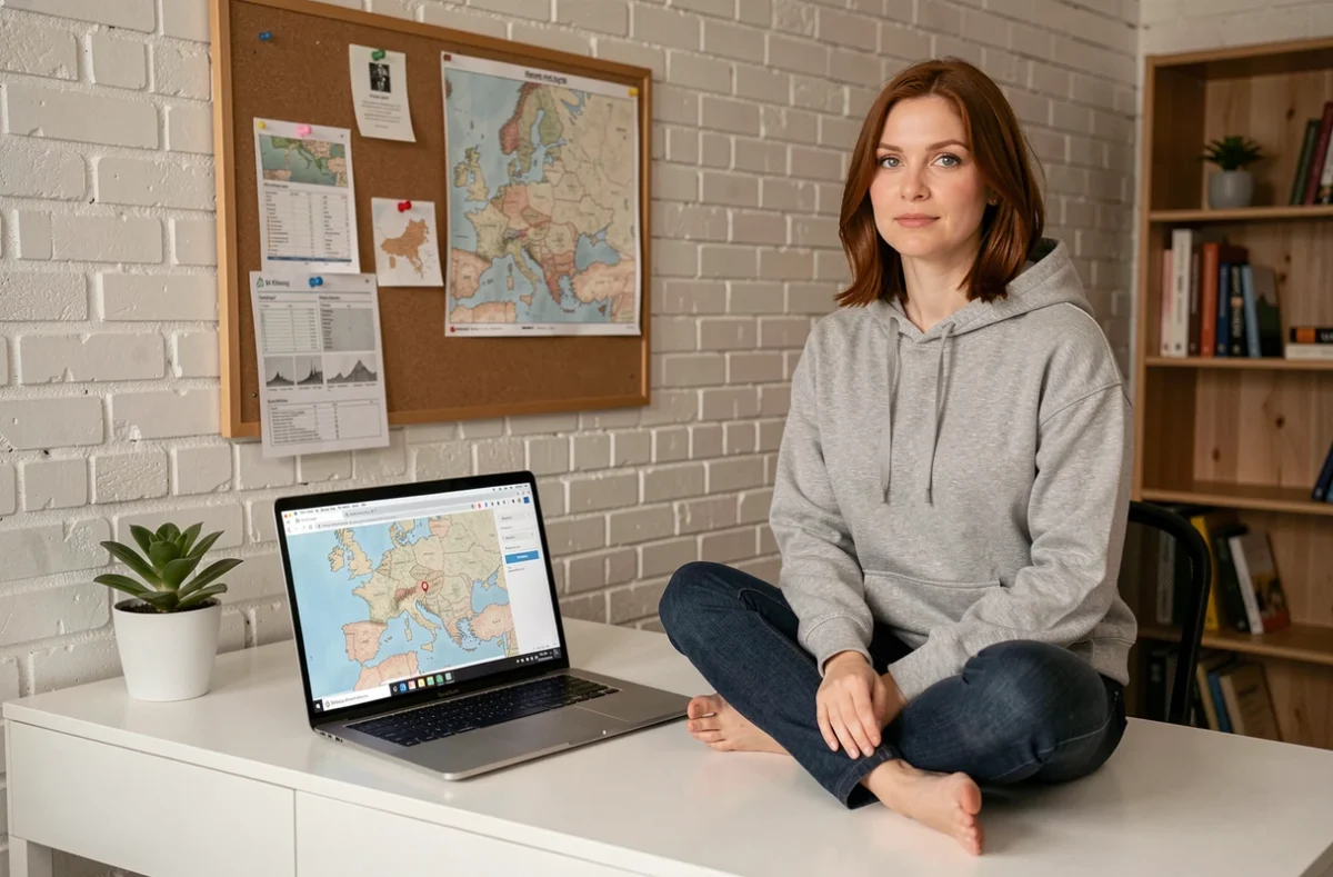 Femme consultant un outil de géolocalisation d'adresse IP sur ordinateur portable depuis un bureau à domicile