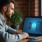 Homme utilisant l'interface Mafreeboxos sur un ordinateur portable pour gérer les téléchargements et le Wi-Fi depuis son bureau à domicile