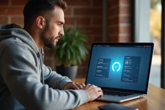 Homme utilisant l'interface Mafreeboxos sur un ordinateur portable pour gérer les téléchargements et le Wi-Fi depuis son bureau à domicile