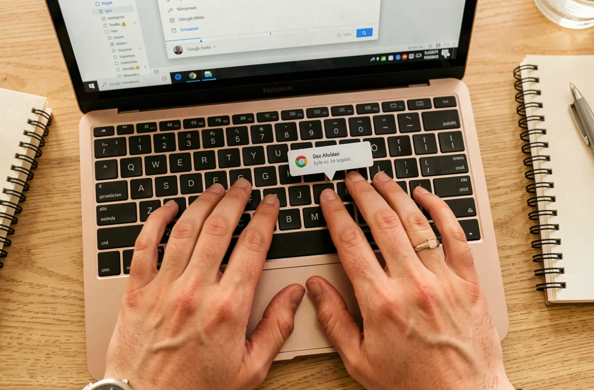 Gros plan de mains sur un clavier AZERTY pour saisir un caractère spécial comme le C cédille majuscule