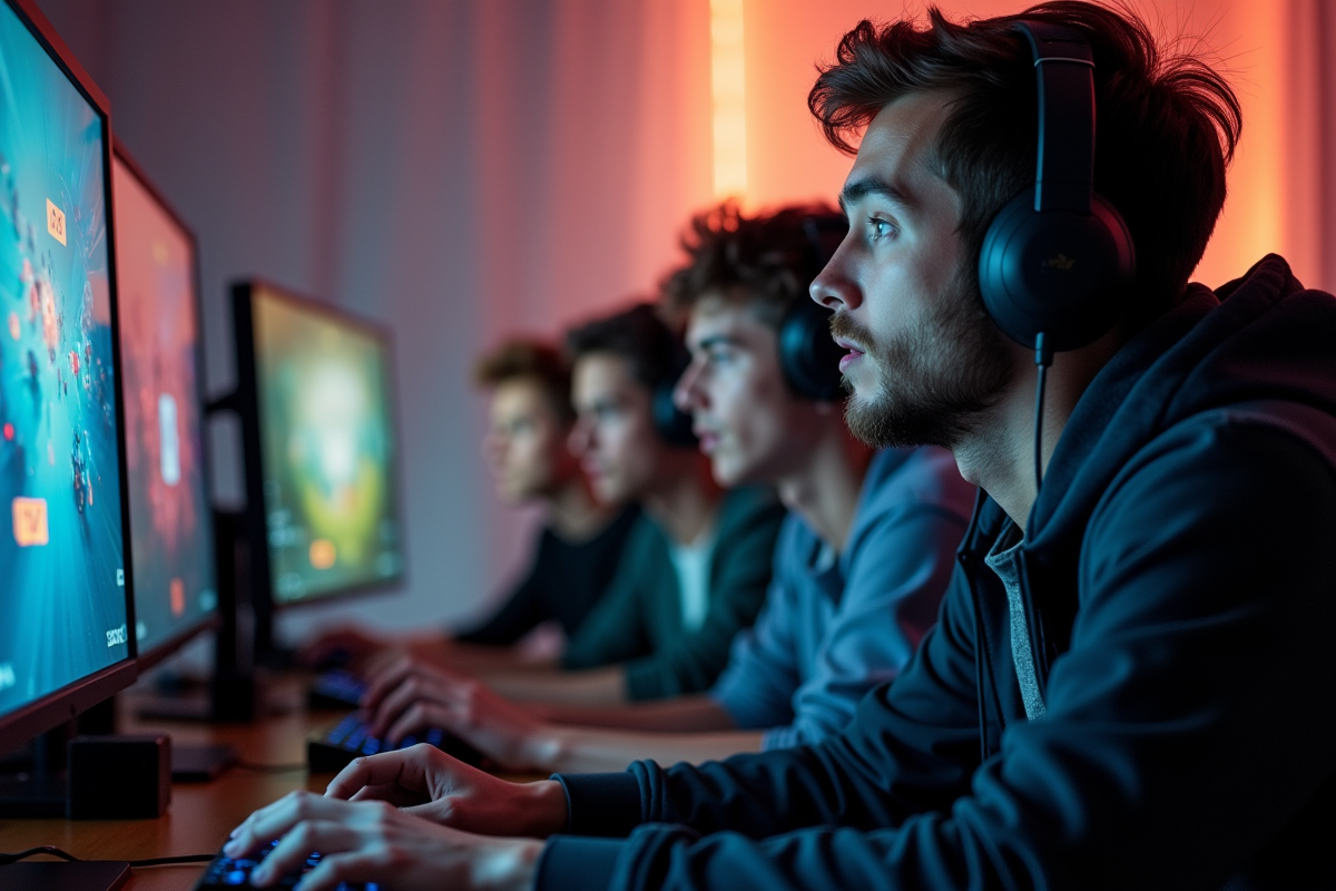 Groupe d'amis concentrés sur un PC gaming lumineux