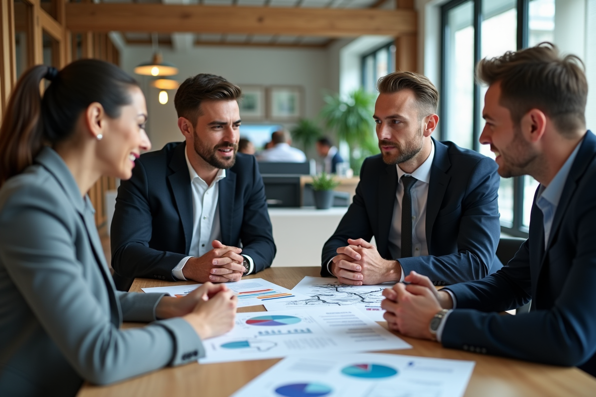 Groupe de professionnels discutant infographies GDPR