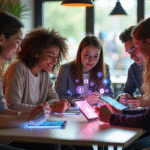 Groupe de jeunes autour d'une table dans un café lumineux avec appareils futuristes