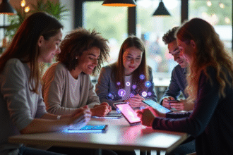 Groupe de jeunes autour d'une table dans un café lumineux avec appareils futuristes
