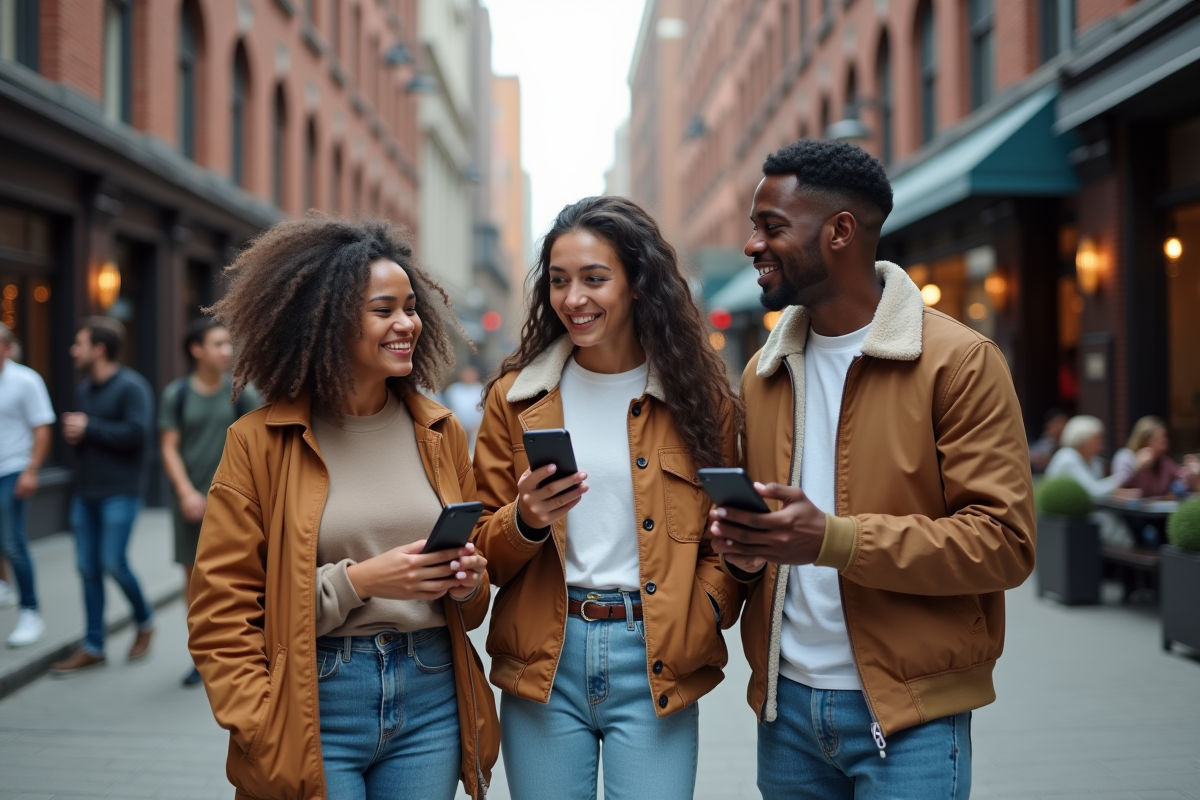 Trois jeunes adultes discutent avec leurs smartphones en ville