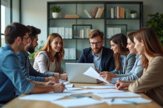 Groupe de professionnels en réunion dans un bureau moderne