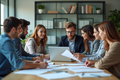 Groupe de professionnels en réunion dans un bureau moderne