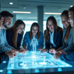 Groupe de jeunes professionnels autour d'une table holographique