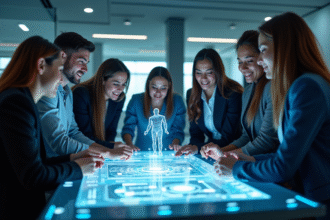 Groupe de jeunes professionnels autour d'une table holographique