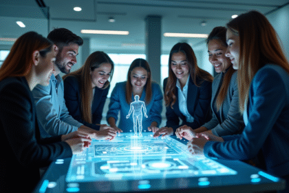 Groupe de jeunes professionnels autour d'une table holographique