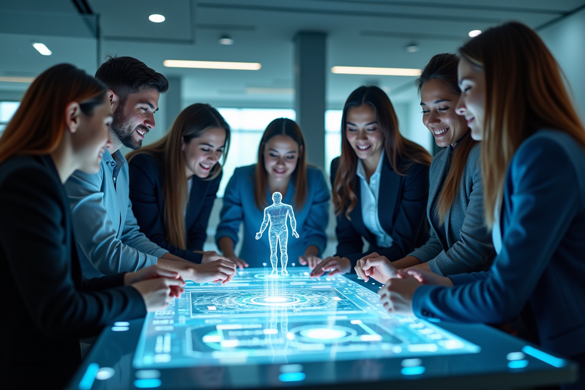 Groupe de jeunes professionnels autour d'une table holographique