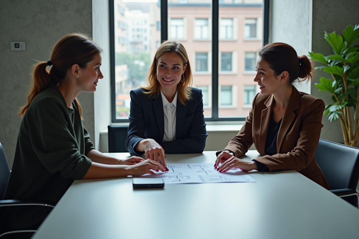 Groupe de professionnels discutant autour d une table avec diagramme blockchain