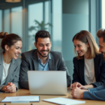 Groupe de jeunes adultes discutant autour d'un ordinateur dans un bureau moderne