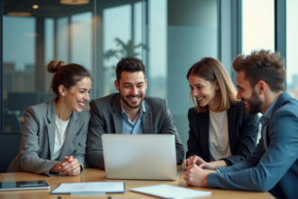 Groupe de jeunes adultes discutant autour d'un ordinateur dans un bureau moderne