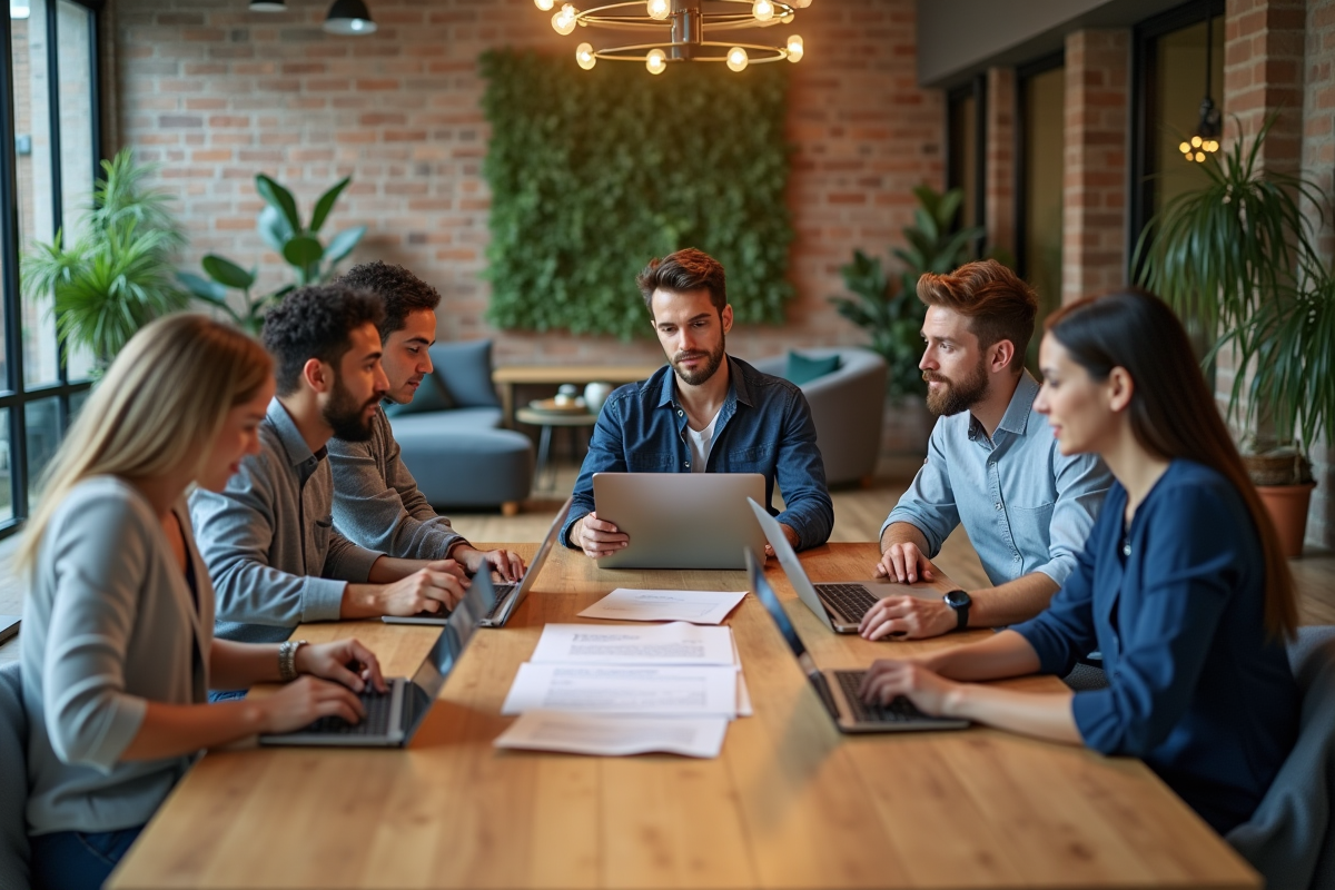 Six professionnels en coworking autour d