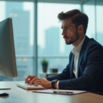 Jeune homme d'affaires en costume regardant son écran