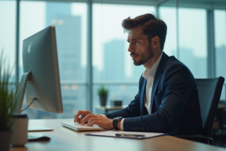 Jeune homme d'affaires en costume regardant son écran