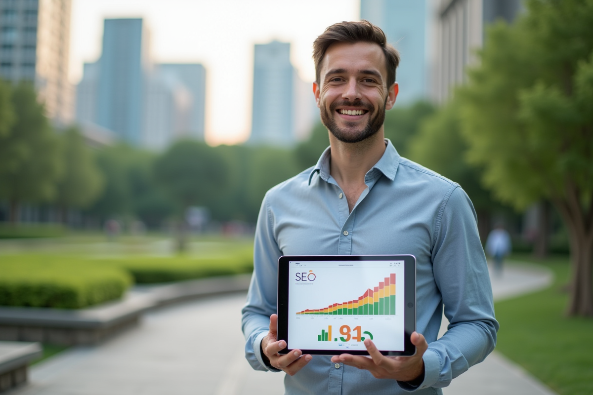 Jeune homme tenant une tablette avec graphique SEO