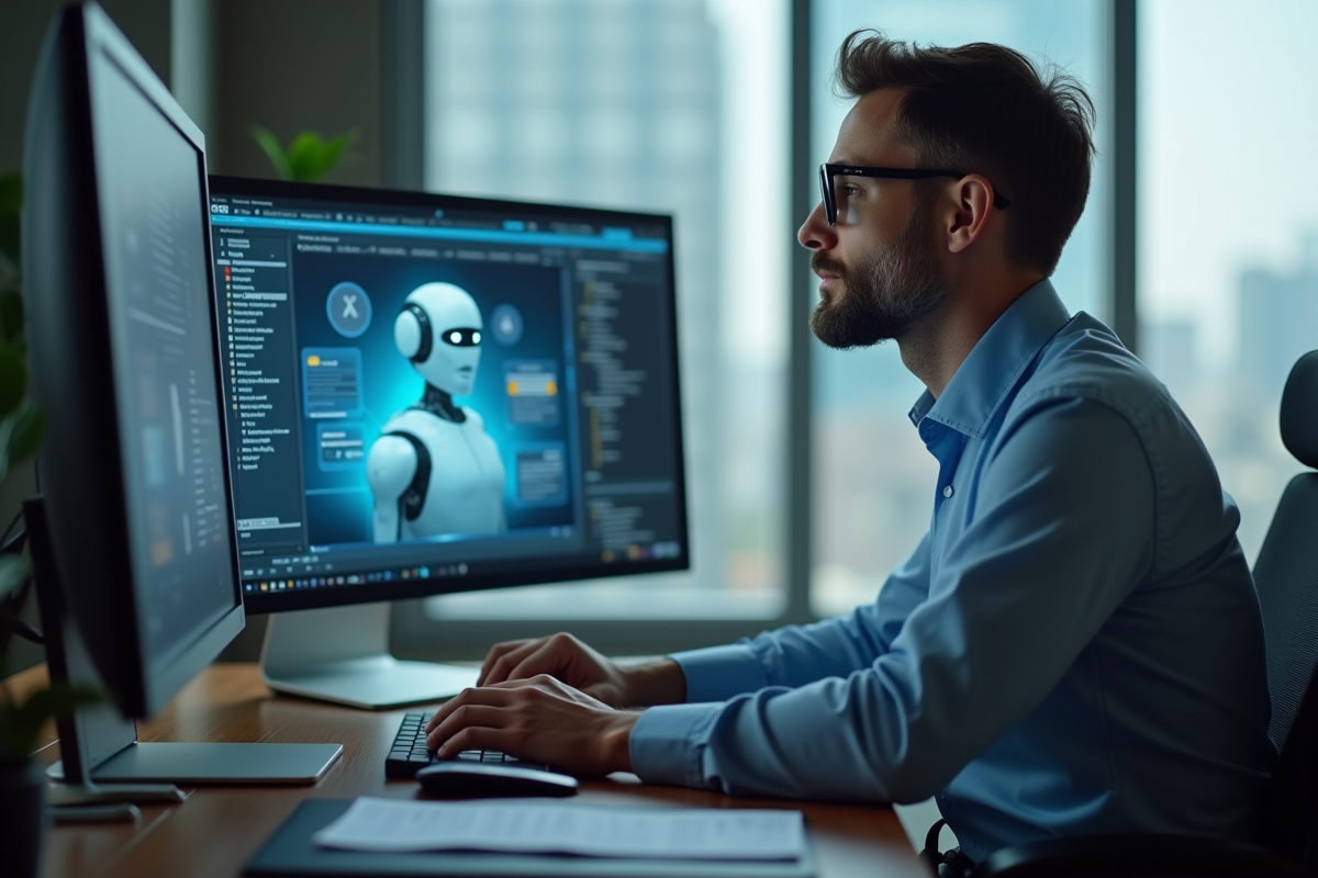 Homme d affaires travaillant avec un chatbot dans un bureau contemporain