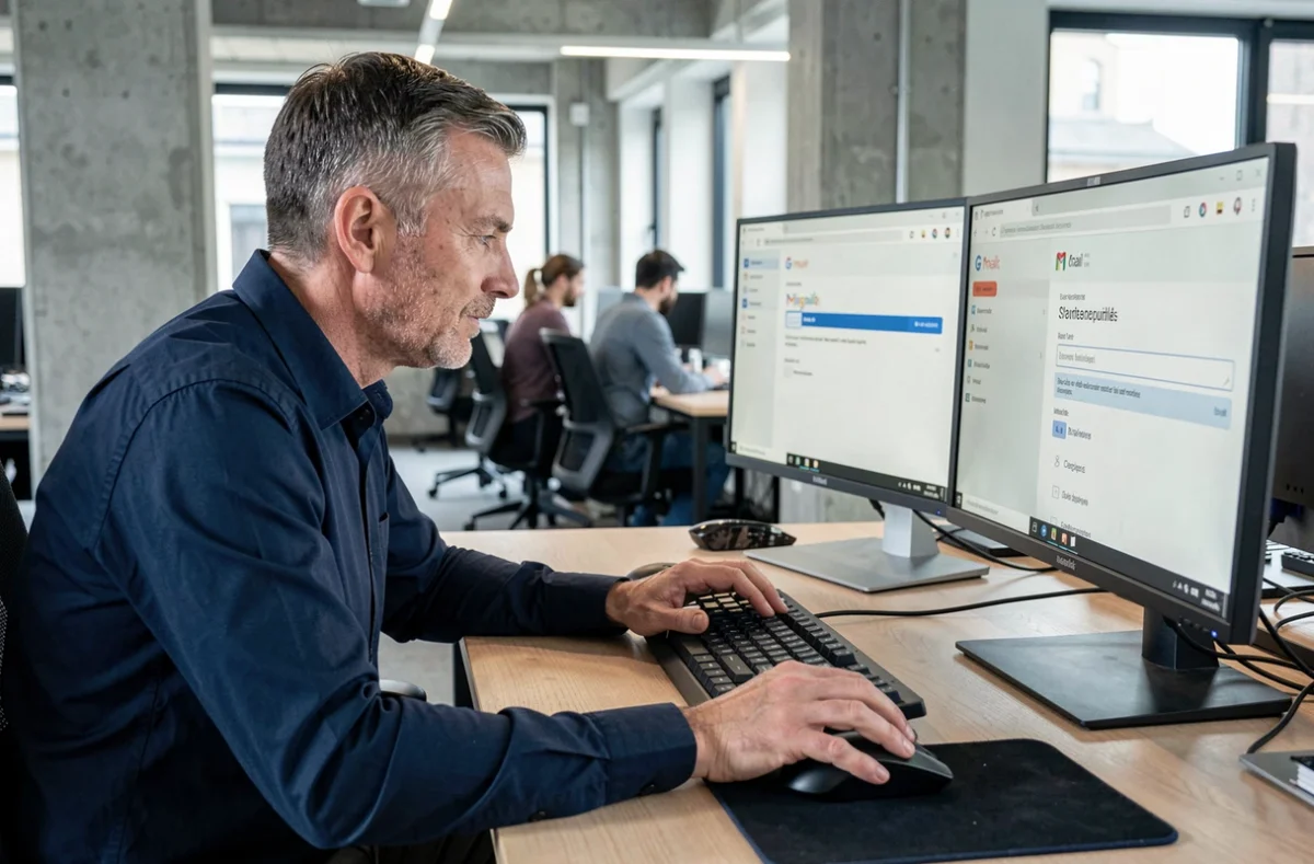 Homme dans un bureau moderne utilisant un clavier mécanique pour rédiger un email en français dans Gmail