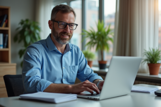 Homme d'âge moyen travaillant à son bureau intérieur