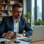 Homme d'affaires connectant un disque dur à un ordinateur