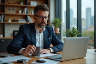 Homme d'affaires connectant un disque dur à un ordinateur