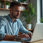 Homme d'âge moyen connectant un disque dur à son ordinateur dans un bureau