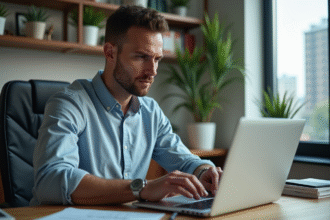 Homme d'âge moyen connectant un disque dur à son ordinateur dans un bureau