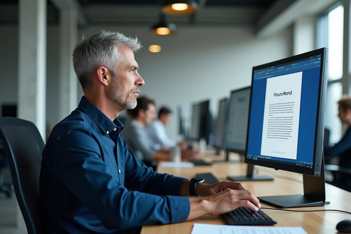 Homme en bureau moderne frustré par une page blanche supplémentaire dans un document Word affiché sur un grand écran