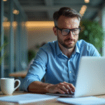 Homme concentré travaillant sur un ordinateur dans un bureau moderne
