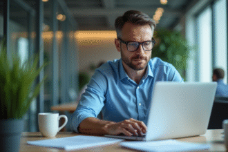 Homme concentré travaillant sur un ordinateur dans un bureau moderne