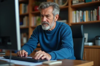 Homme d'âge moyen travaillant sur son ordinateur dans un bureau à domicile