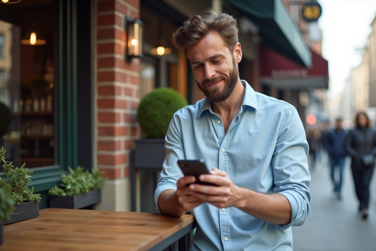 Homme avec barbe partageant un lien dans un café urbain