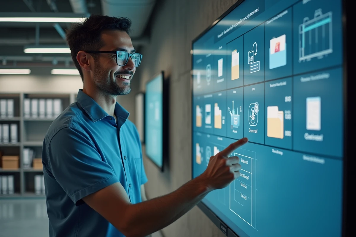 Homme classifiant des dossiers sur un mur digital