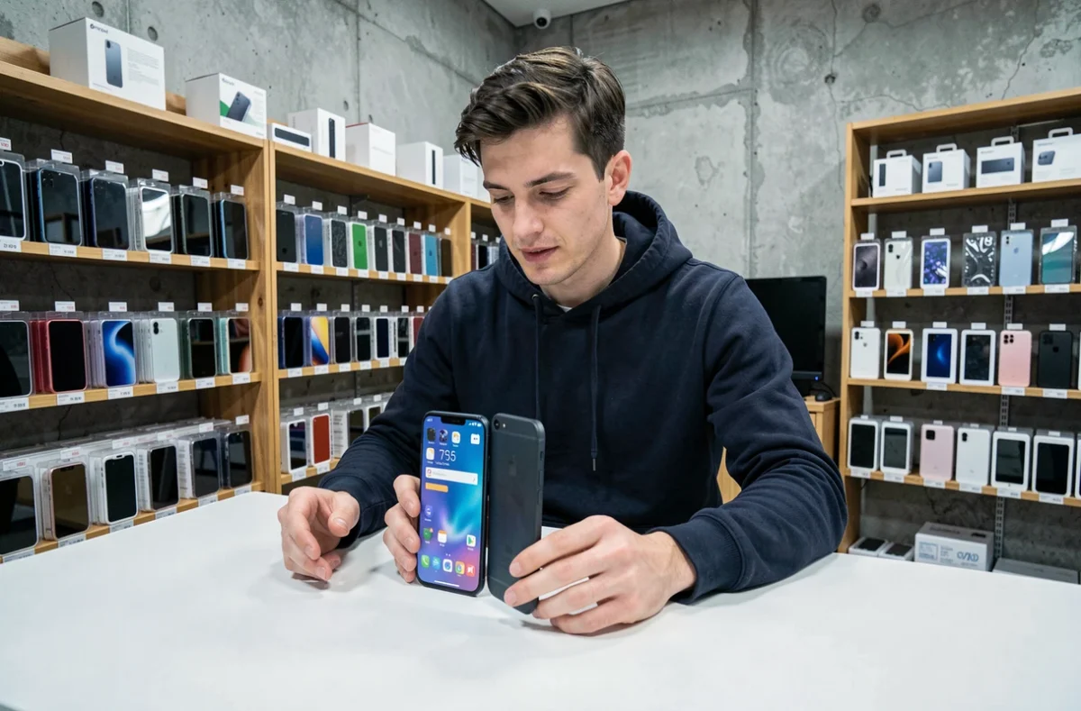 Homme comparant deux smartphones reconditionnés dans une boutique de téléphones d'occasion