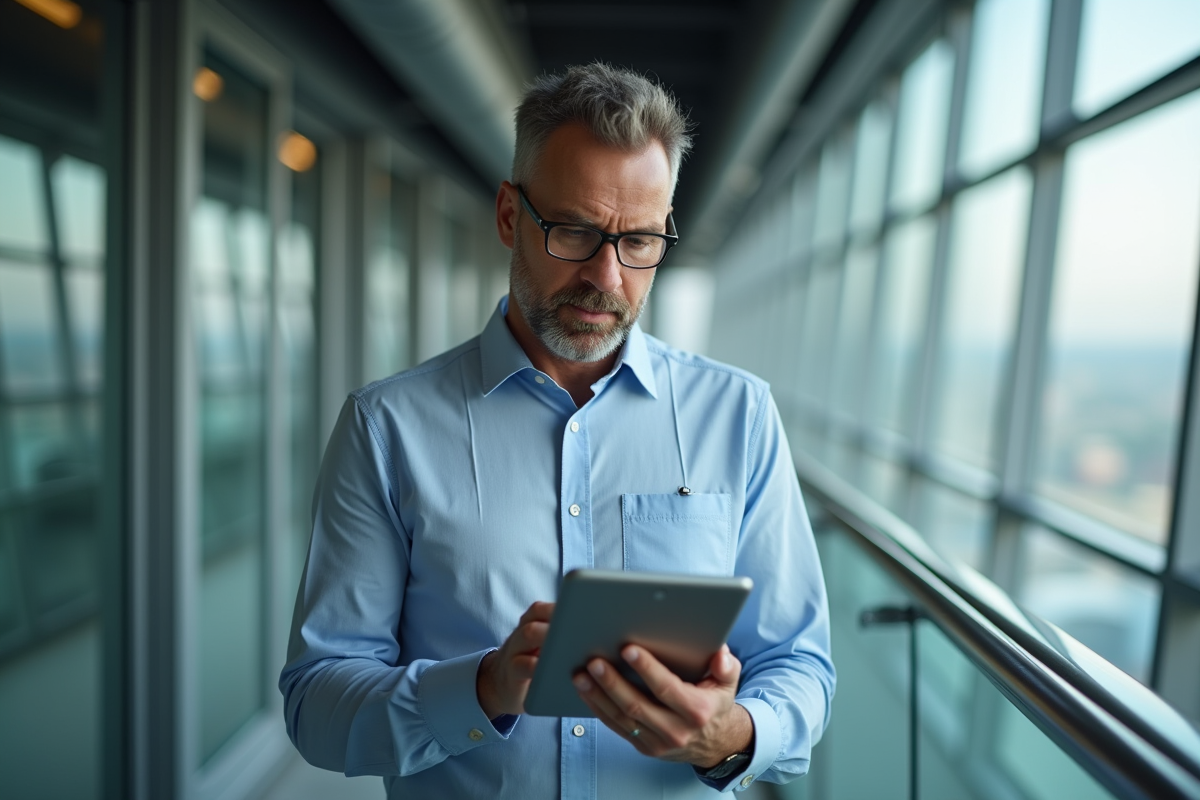 Homme d affaires vérifiant le stockage cloud dans un couloir
