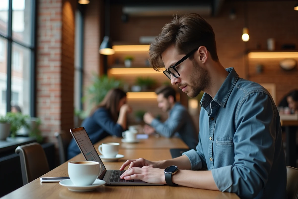 Jeune homme travaillant sur une tablette dans un coworking dynamique