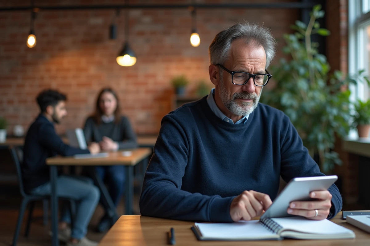Homme en coworking consulte ses emails sur tablette