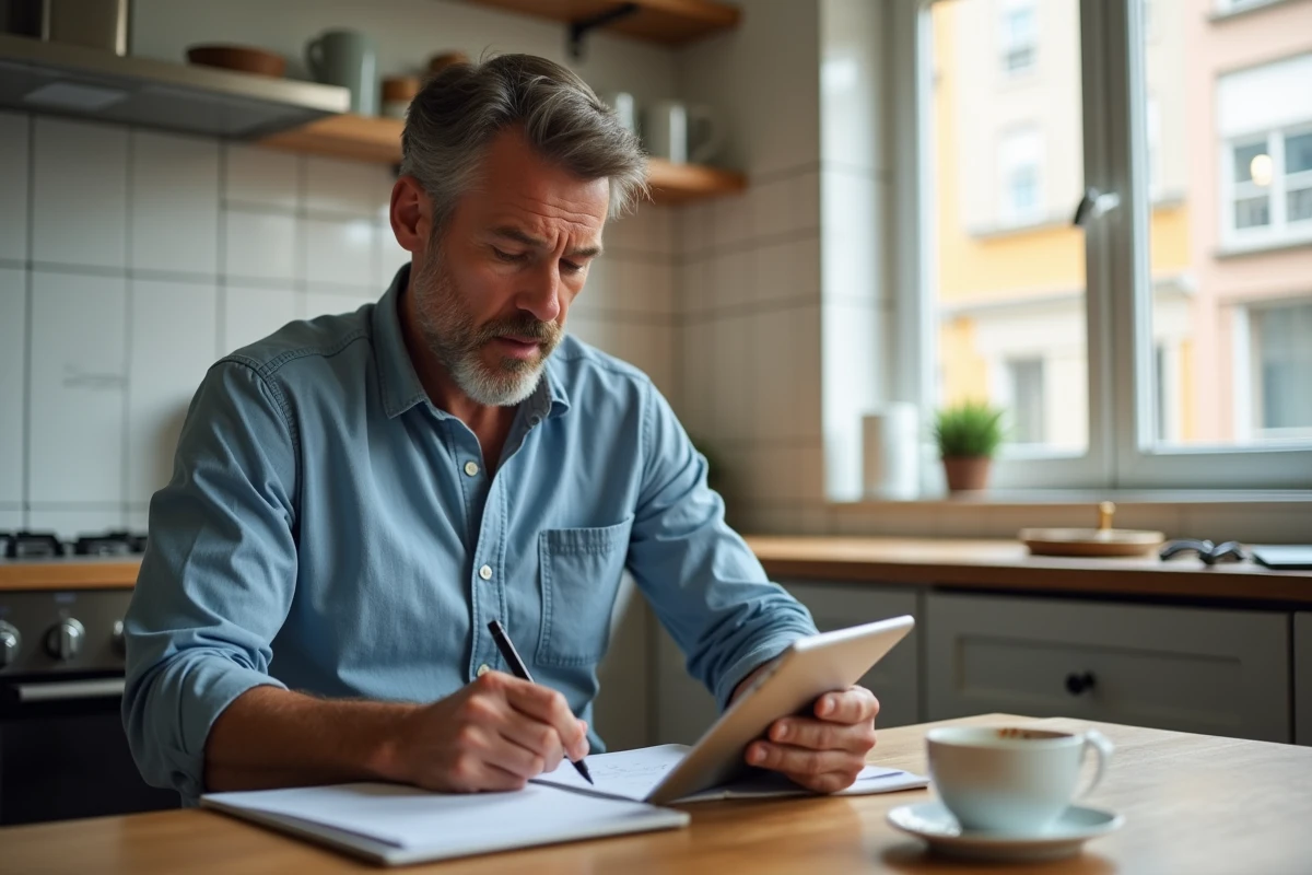 Homme à la cuisine en train de faire ses comptes