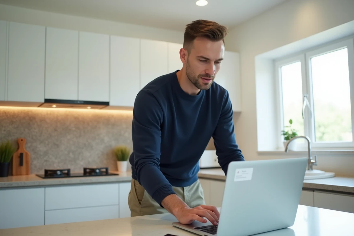 Homme dans la cuisine moderne utilisant son laptop avec concentration