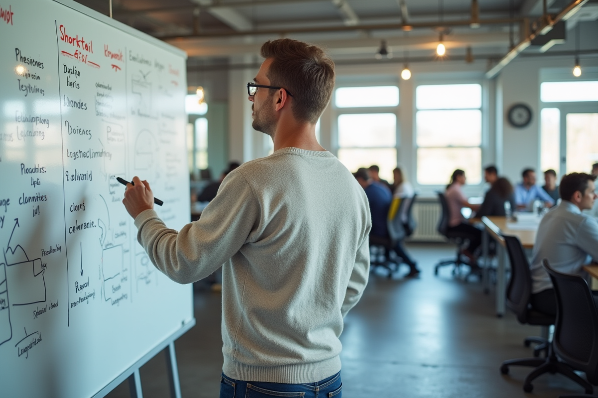 Homme en casual écrivant sur un tableau blanc avec diagrammes