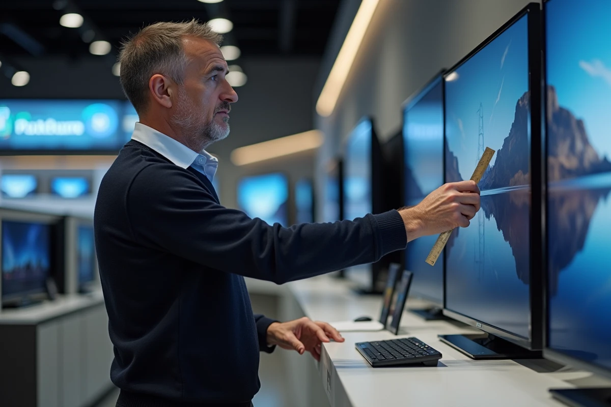 Homme professionnel comparant des téléviseurs en magasin