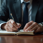 Homme d'âge moyen écrit un mot de passe dans un carnet en cuir