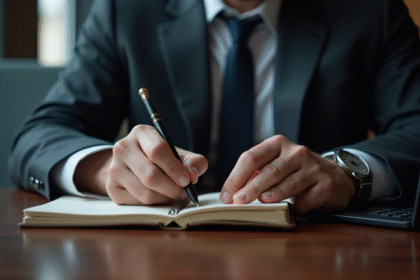 Homme d'âge moyen écrit un mot de passe dans un carnet en cuir