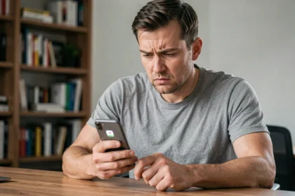 Homme frustré tenant un smartphone Android affichant un appel spam non bloqué par l'application Begone