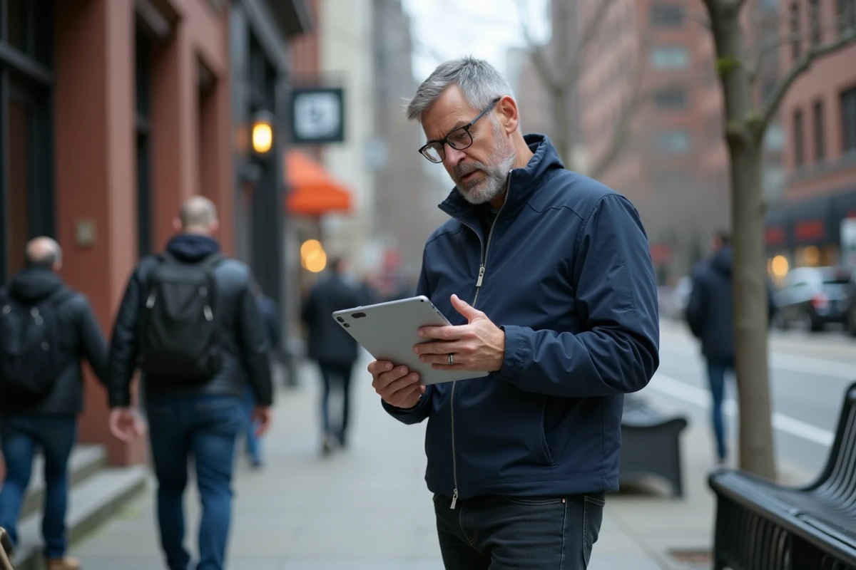 Homme en ville tenant un iPhone éteint et consultant l'application Localiser sur son iPad