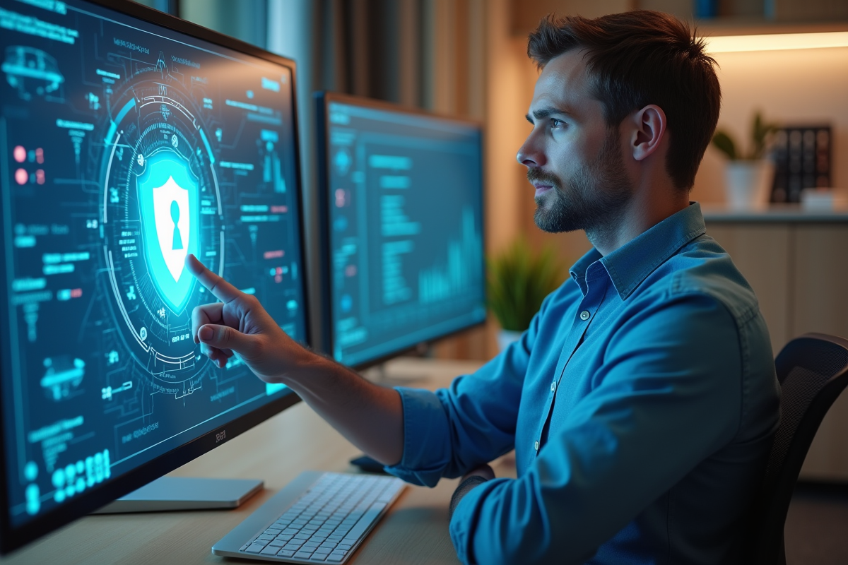 Homme en smart casual verrouille une icone de bouclier sur ecran tactile